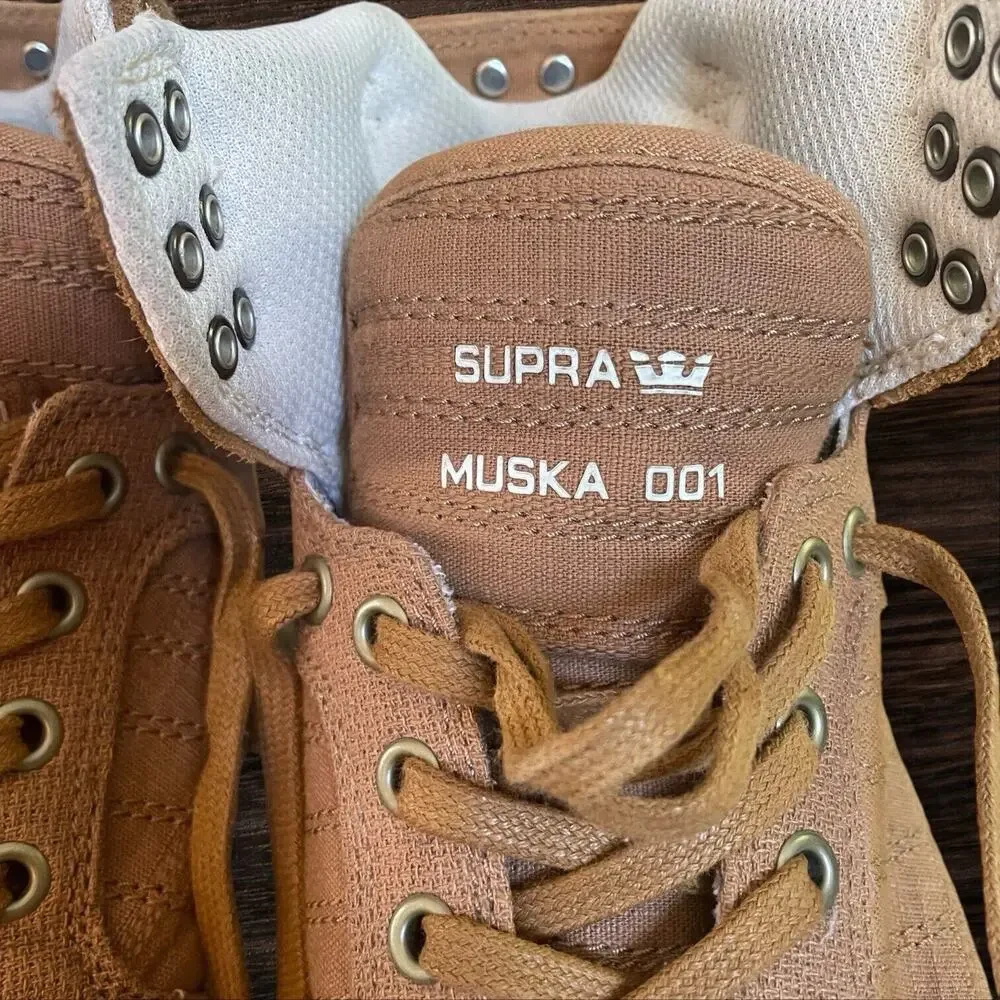 Supra Muska High Top Sneakers 001 Skytop Size 6.5‎ Mens Khaki Tan Canvas EUC